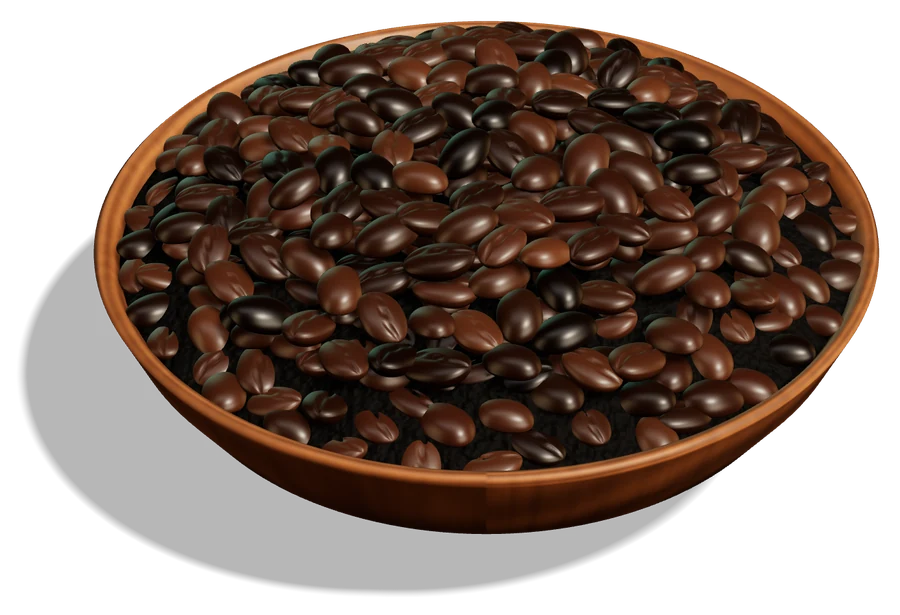 Cuenco de madera con café en grano entero